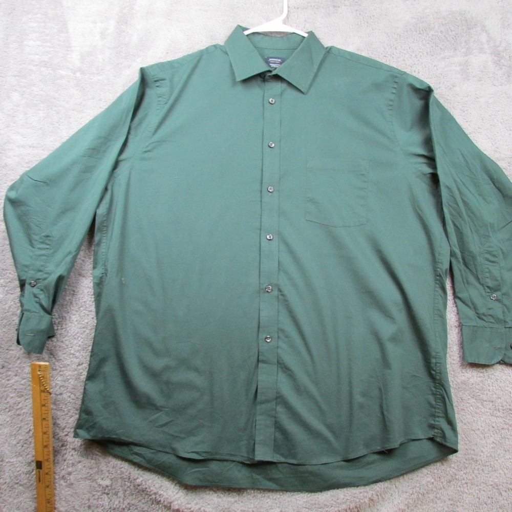Arrow Dress Shirt Mens 17-17.5 32/33 Green Solid Regular Fit Stretch Long Sleeve